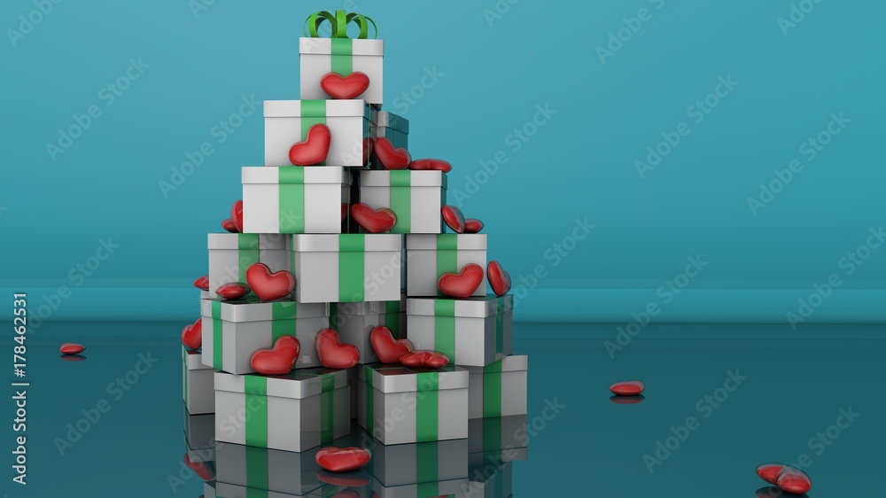 Illustrazione Stock Albero di Natale con scatole da regalo e cuoricini.