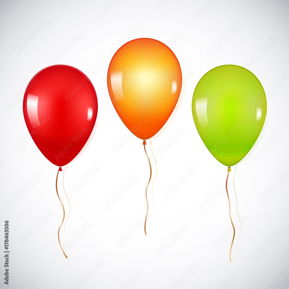 Colorful realistic helium balloons isolated on white background.