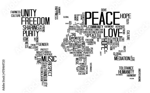 Peace Concept, Text or Typography with Love, Happiness and Peace wording in World Map shape