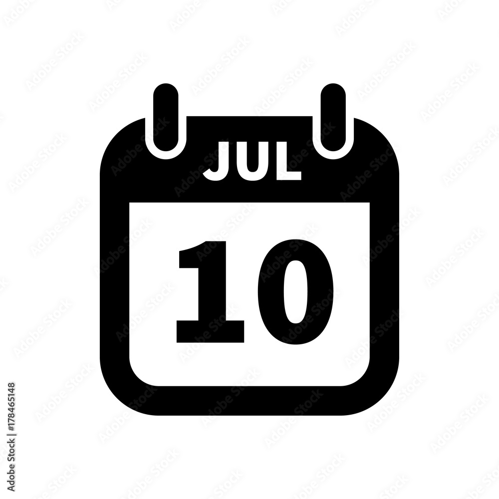 Simple black calendar icon with 10 july date isolated on white