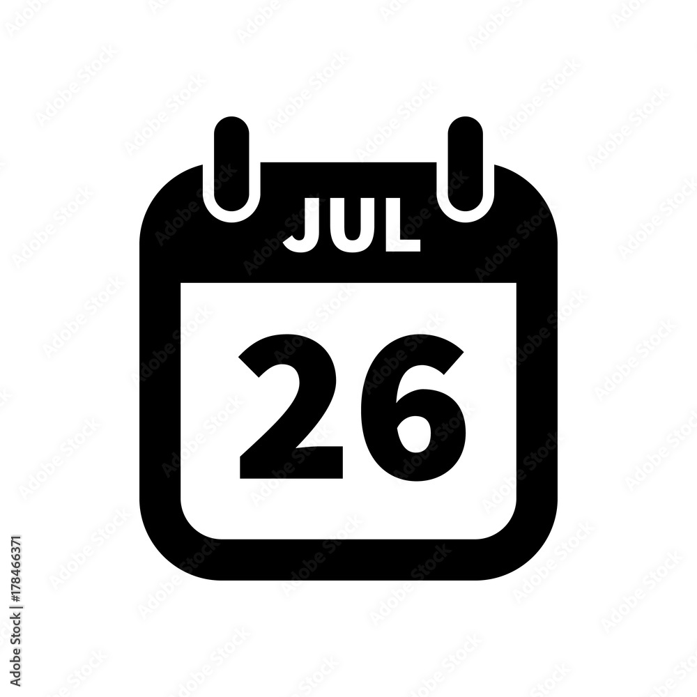 Simple black calendar icon with 26 july date isolated on white Simple black calendar icon with 26 july date isolated on white