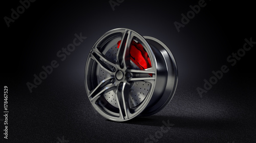Canvastavla 3D illustration of car rim standing on asphalt