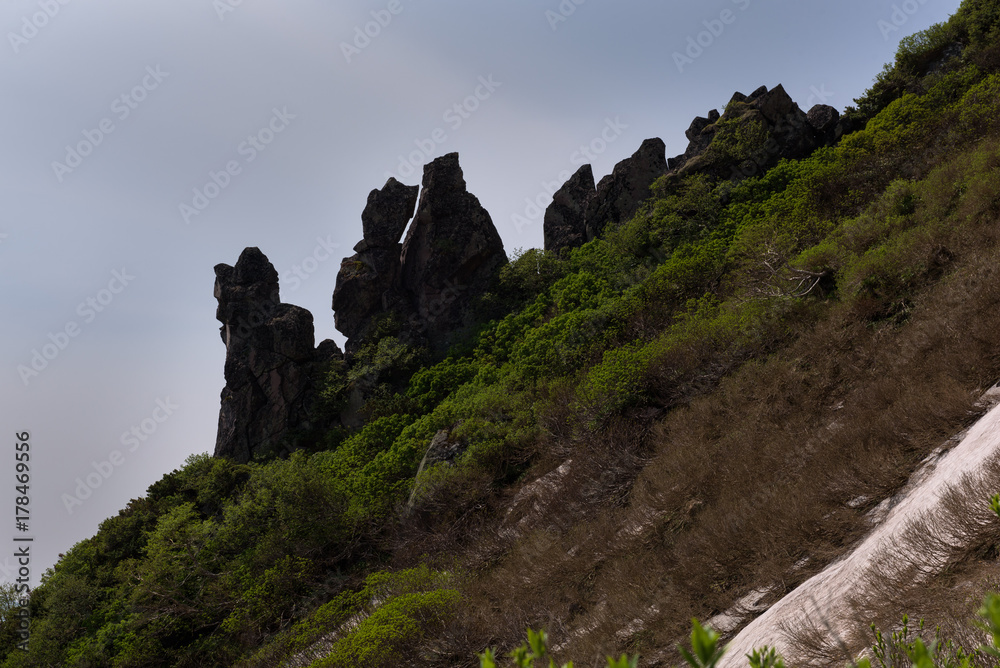 Rock formation resembling a goblin’s nose on mount Kurodake, Daisetsuzan National Park, Hokkaido, Japan