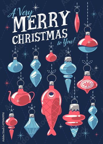 Christmas greeting card with Christmas ornaments. Mid century style. Vector illustration.