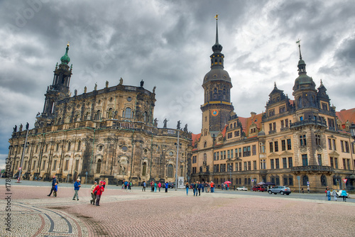 DRESDEN, GERMANY - JULY 15, 2016: City streets and buildings on a cloudy day. Dresden attracts 5 million people annually