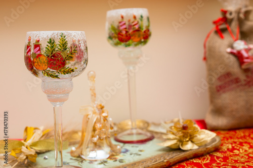 christmas decorated glasses on tray