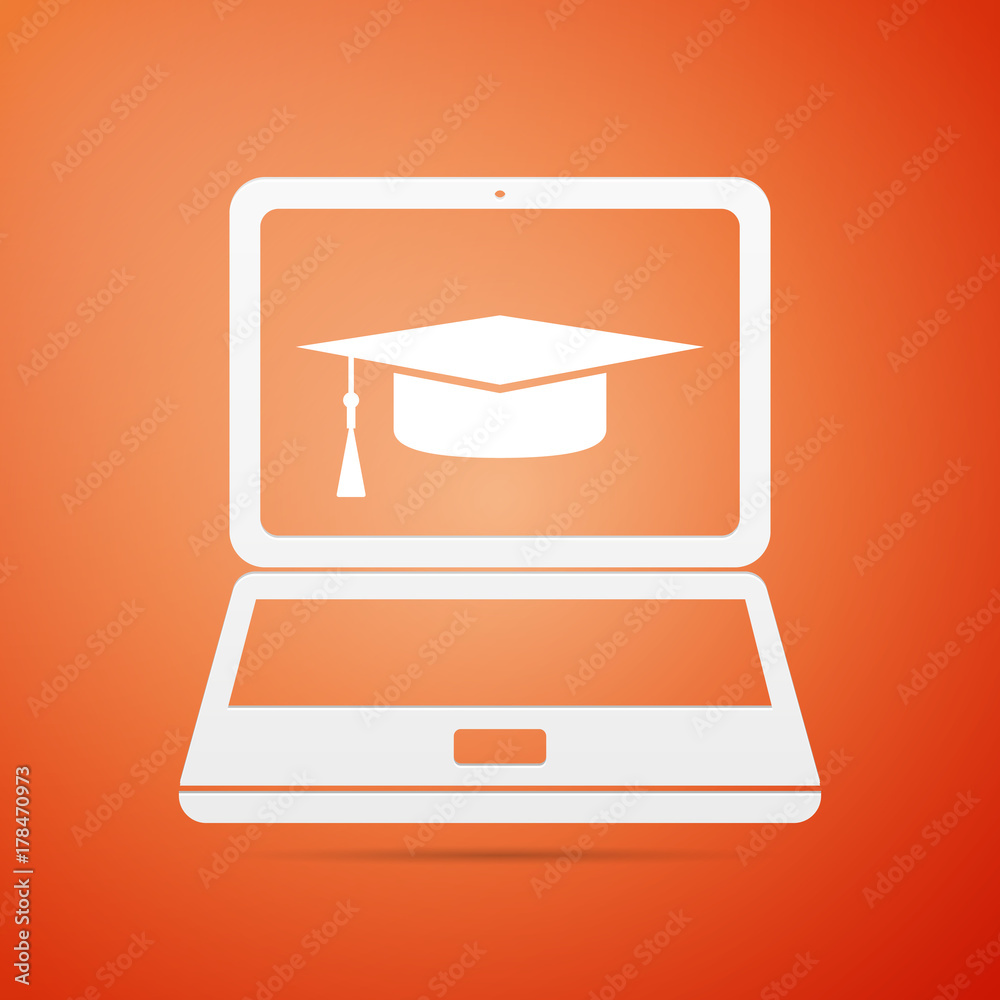Graduation cap and laptop icon. Online learning or e-learning concept icon isolated on orange background. Flat design. Vector Illustration Graduation cap and laptop icon. Online learning or e-learning concept icon isolated on orange background. Flat design. Vector Illustration