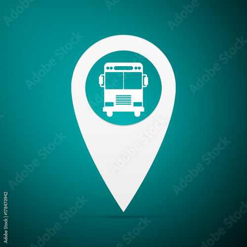 Map pointer with bus icon isolated on blue background. Flat design. Vector Illustration