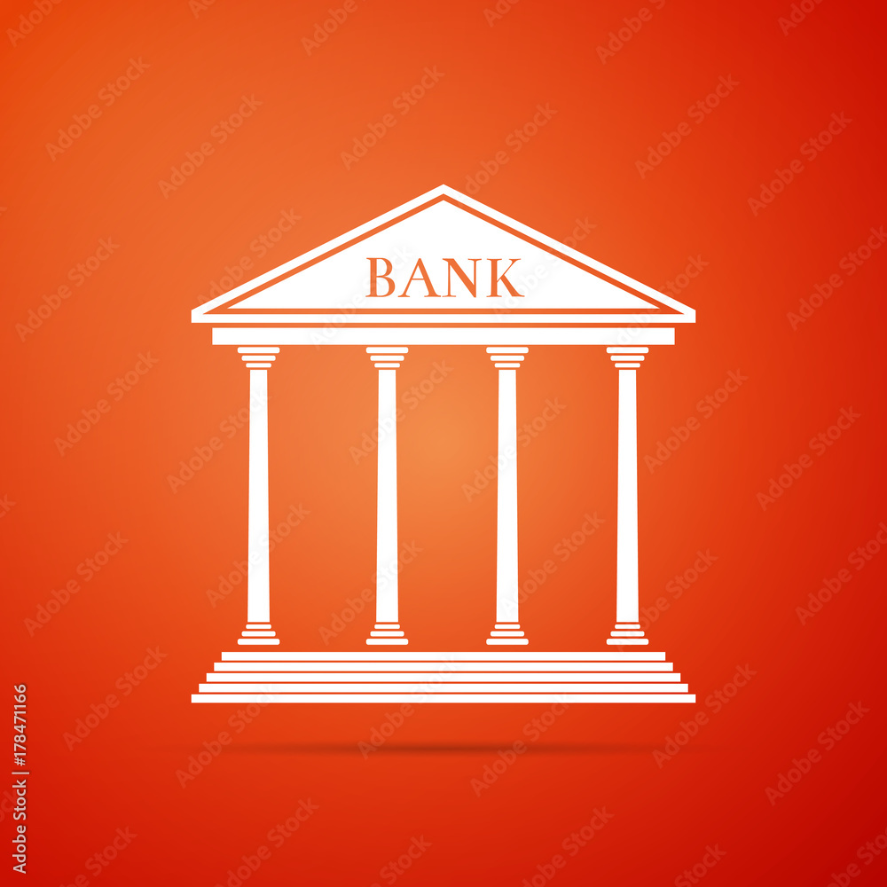 Bank building icon isolated on orange background. Flat design. Vector Illustration Bank building icon isolated on orange background. Flat design. Vector Illustration