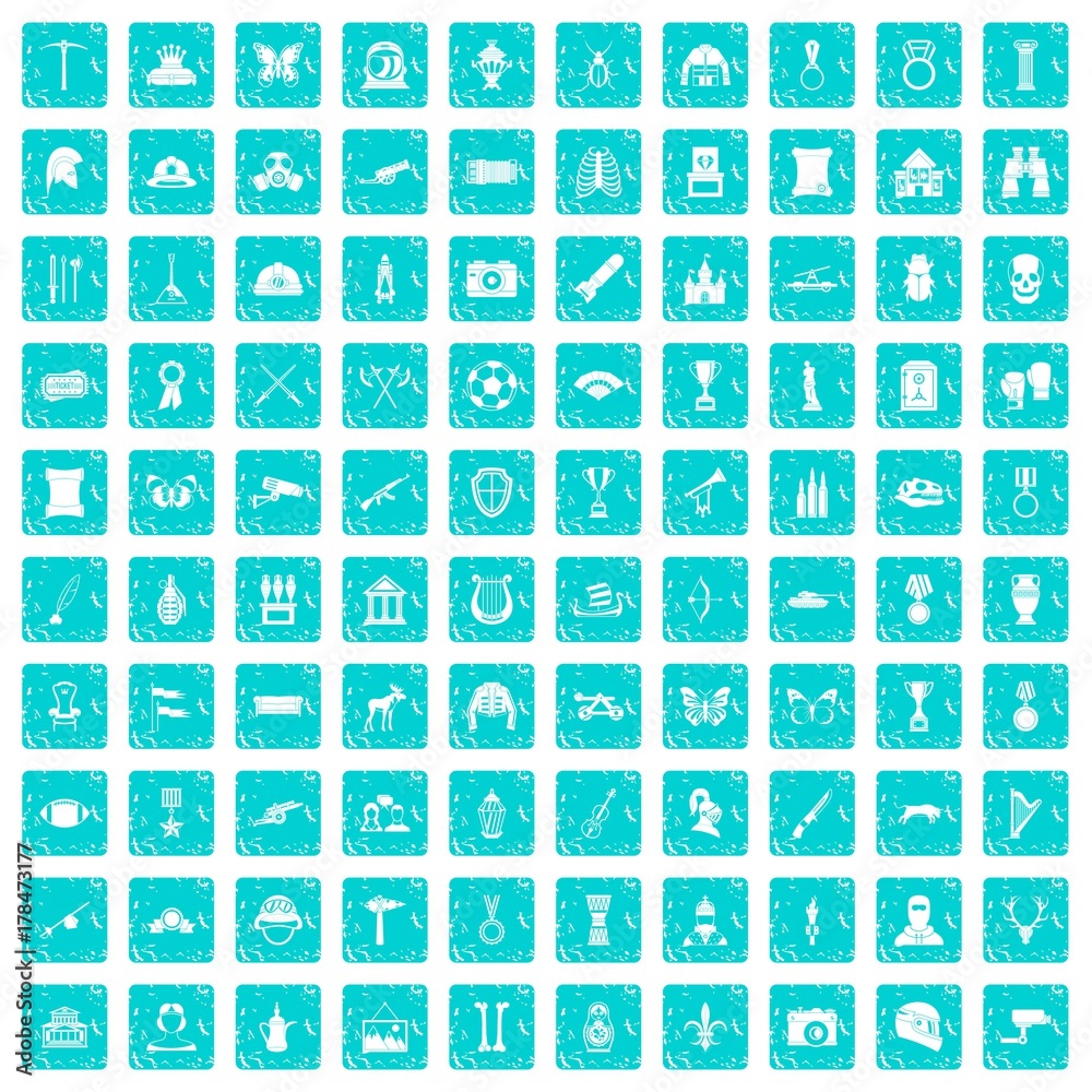 100 museum icons set grunge blue 100 museum icons set grunge blue