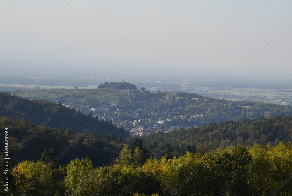 view from the Langenhard towards the city of Lahr with the Schutterlindenberg in the background, Baden Germany