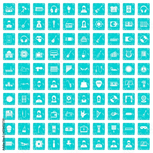 100 music icons set grunge blue