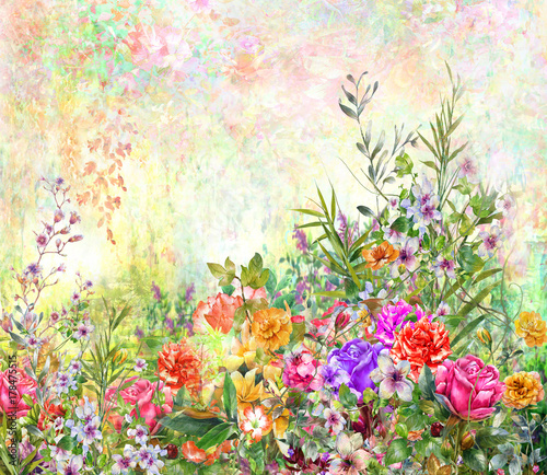 Abstract colorful flowers watercolor painting. Spring multicolored in .nature.