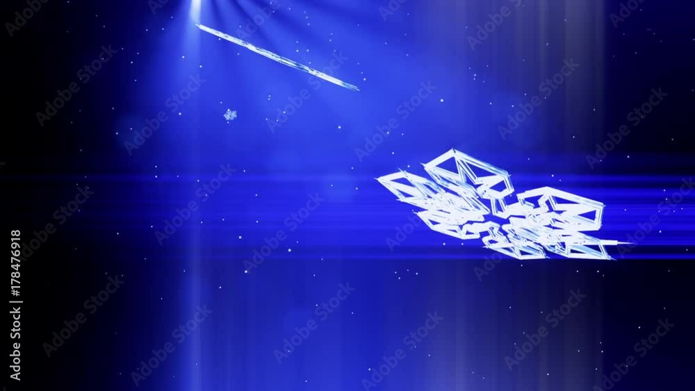 decorative 3d snowflakes float in air and shine at night on a blue
