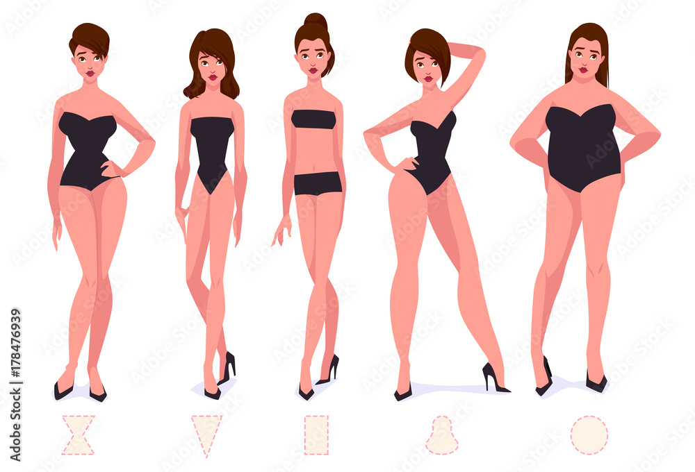 Set of female body shape types - five types. Stock Vector