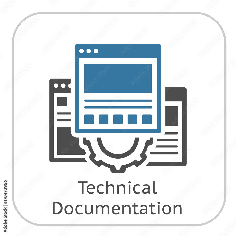 Technical Documentation Icon. Gear and Web Pages. Development Symbol. Technical Documentation Icon. Gear and Web Pages. Development Symbol.