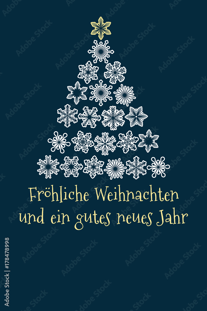 vector christmas tree created from snowflakes with german text Merry Christmas and Happy New Year, isolated germany holiday illustration on dark blue background, with blank place for your text