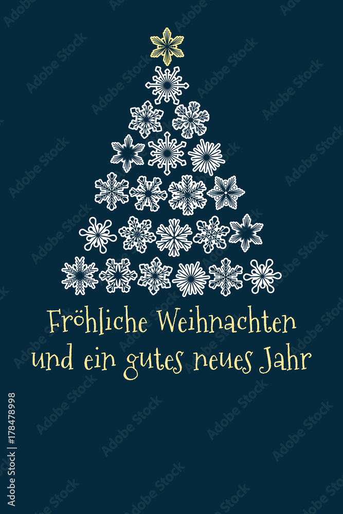 Vector Christmas Tree Created From Snowflakes With German Text Merry Christmas And Happy New Year Isolated Germany Holiday Illustration On Dark Blue Background With Blank Place For Your Text Stock Vector