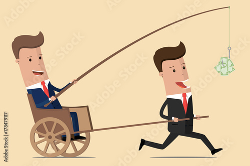 Business motivation. Boss holding dollar fishing rod. Financial driving force for employees. Managers and Director. Vector illustration