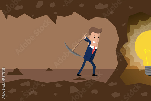 Businessman dig the earth in search of ideas. Vector illustration