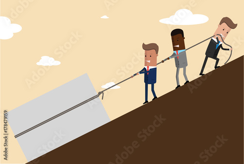 A team of businessmen is pulling a mountain bound by a rope on a mountain. Business concept of teamwork. Vector illustration