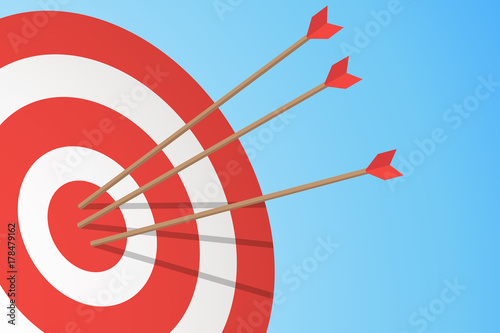 Arrows hitting a target. One target and three arrows. Business goal concept. Vector illustration