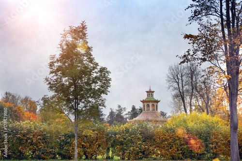 beautiful autumn landscape with Pavilion in the Chinese style in the suburb of St. Petersburg Pushkin, Russia