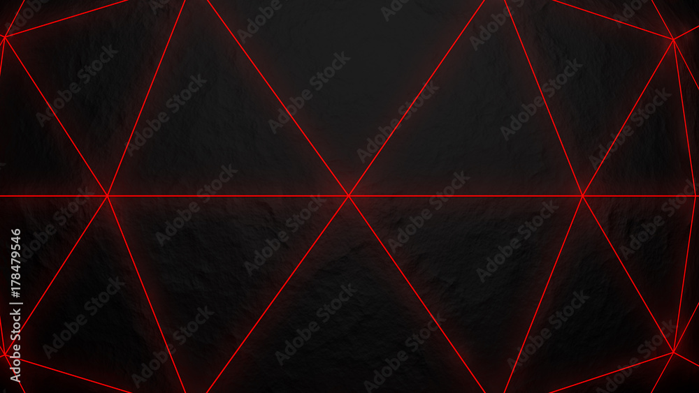 black metal low poly displaced surface with glowing lines. 3d render. black metal low poly displaced surface with glowing lines. 3d render.
