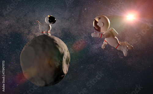 cute cartoon astronaut character and a space dog on asteroid in white space suits in front of star field (3d rendering)