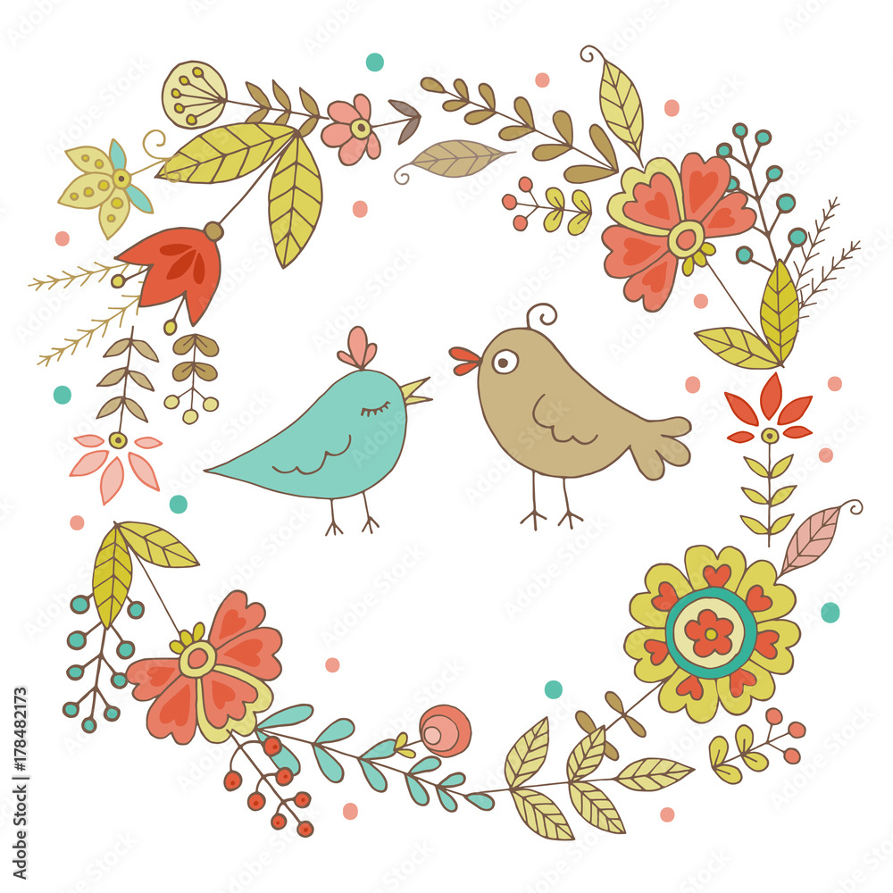 Vintage frame for your design with birds and flowers
