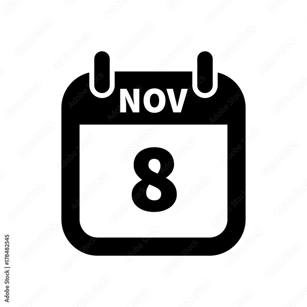 Simple black calendar icon with 8 november date isolated on white Simple black calendar icon with 8 november date isolated on white