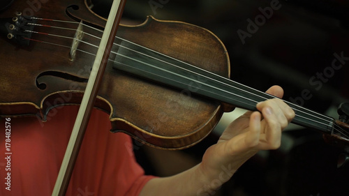 Girl's hand on the strings of a violin. Girl's hand on the fingerboard violin.