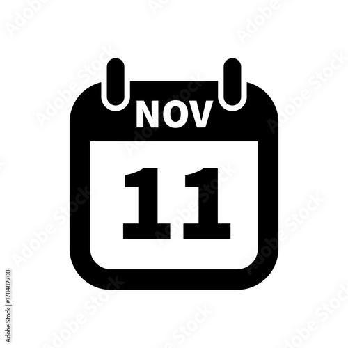 Simple black calendar icon with 11 november date isolated on white