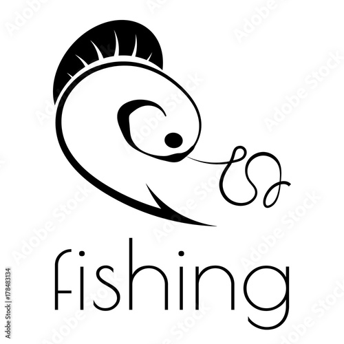 fishing emblem of hook, fishing line and fish on a white background