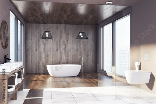 Wooden bathroom  tub  sink and toilet