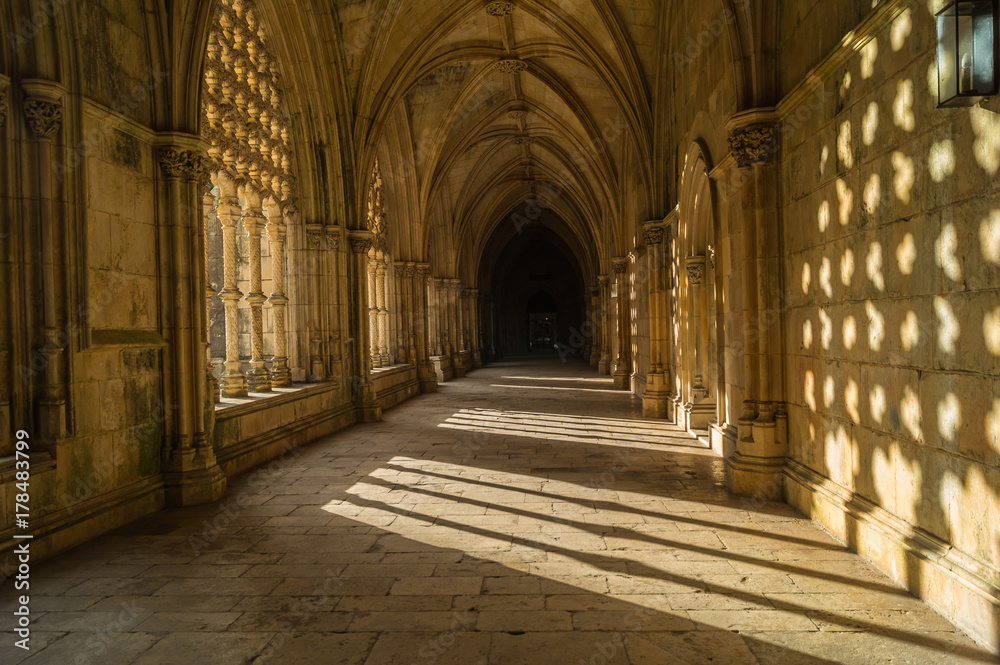 Inside  the Cloister of catholic monastery of Batalha, Portugal.