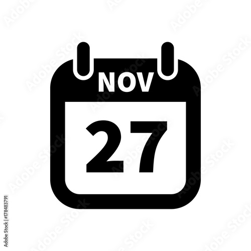Simple black calendar icon with 27 november date isolated on white