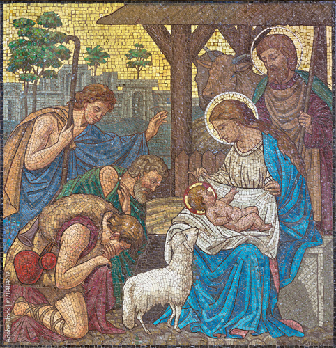 LONDON, GREAT BRITAIN - SEPTEMBER 17, 2017: The mosaic of The Adoration of Shepherds in church St. Barnabas by Bodley and Garner (end of 19. cent.).