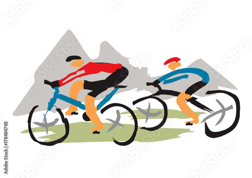 Mountain bikers riding the trail
Hand drawn expressive illustration of Mountain bikers. Vector available. 
