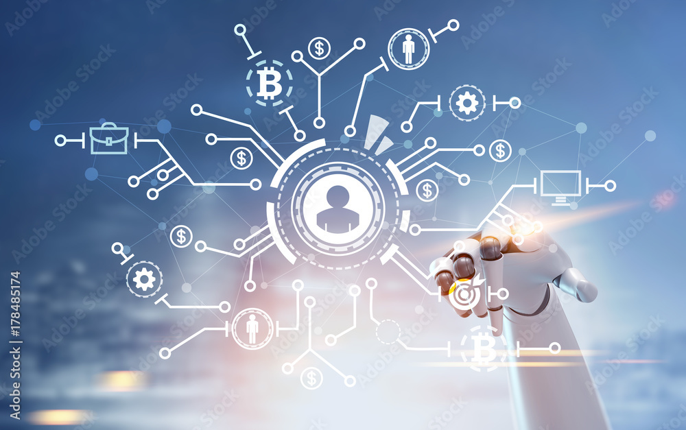 Robot hand with a glowing finger pointing at a network and bitcoin ...
