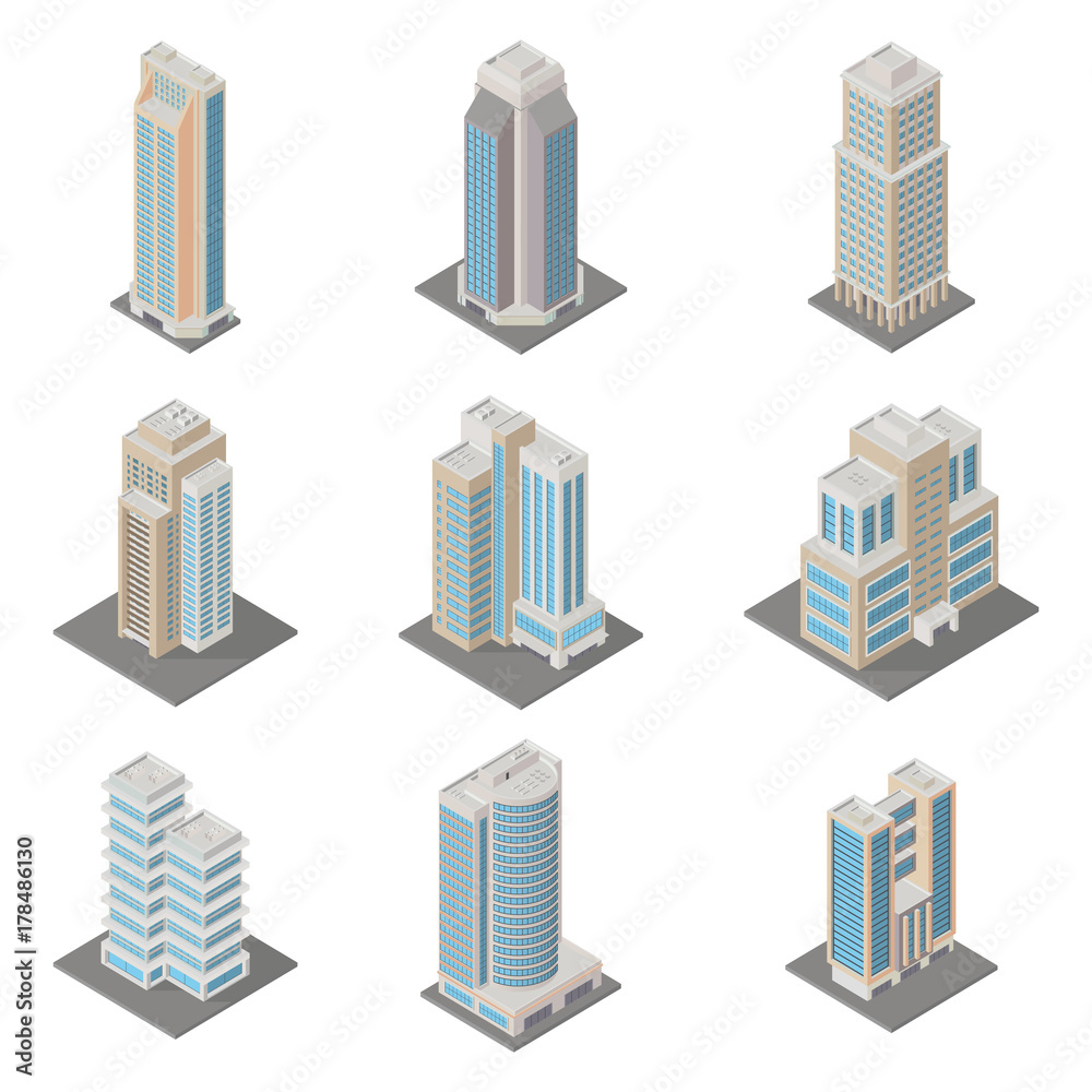 Vector isometric city infrastructure architecture map generator. Icon set  ofice, apartment buildings. 3d elements representing low poly building.  Stock Vector | Adobe Stock