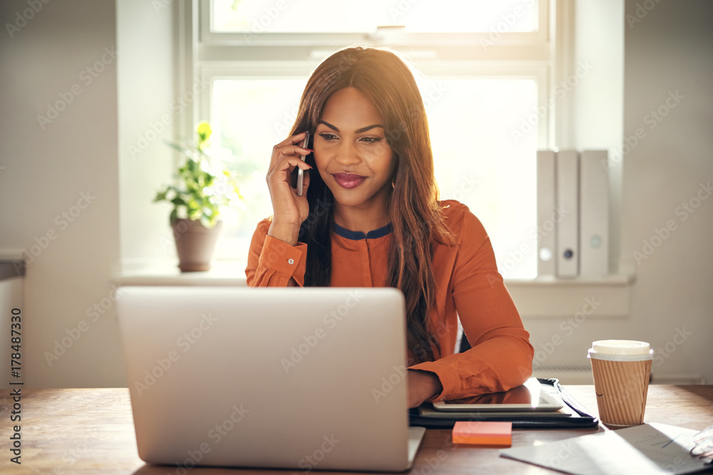 Young entrepreneur talking on the phone and using a laptop