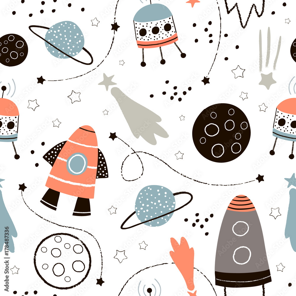 Childish seamless pattern with hand drawn space elements space, rocket ...