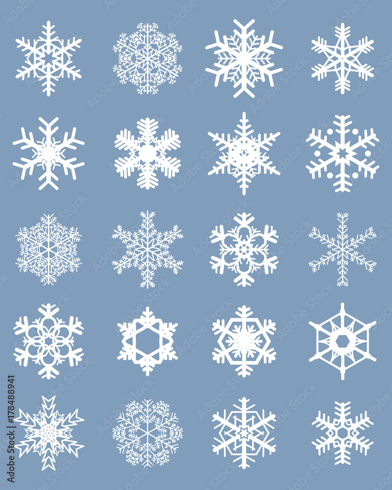 Set of different white snowflakes on a blue background