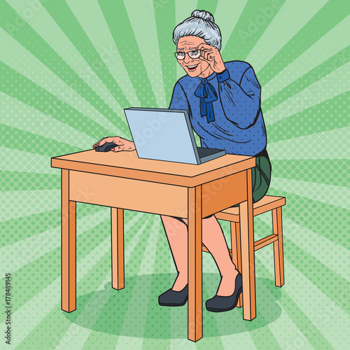 Pop Art Happy Senior Woman Using Laptop. Smiling Grandmother with Computer. Vector illustration