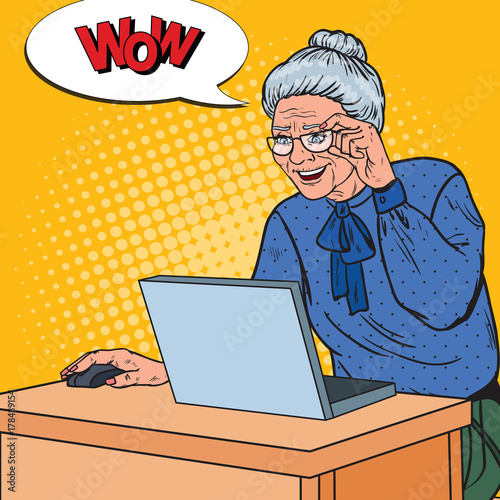 Pop Art Happy Senior Woman Using Laptop at Home. Smiling Grandmother with Computer. Vector illustration