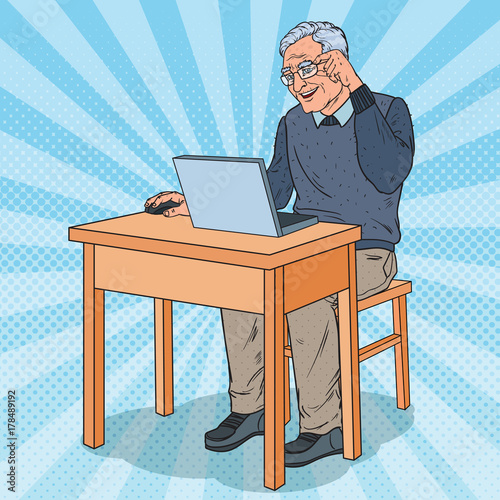 Pop Art Happy Senior Man Using Laptop. Smiling Grandfather with Computer. Vector illustration