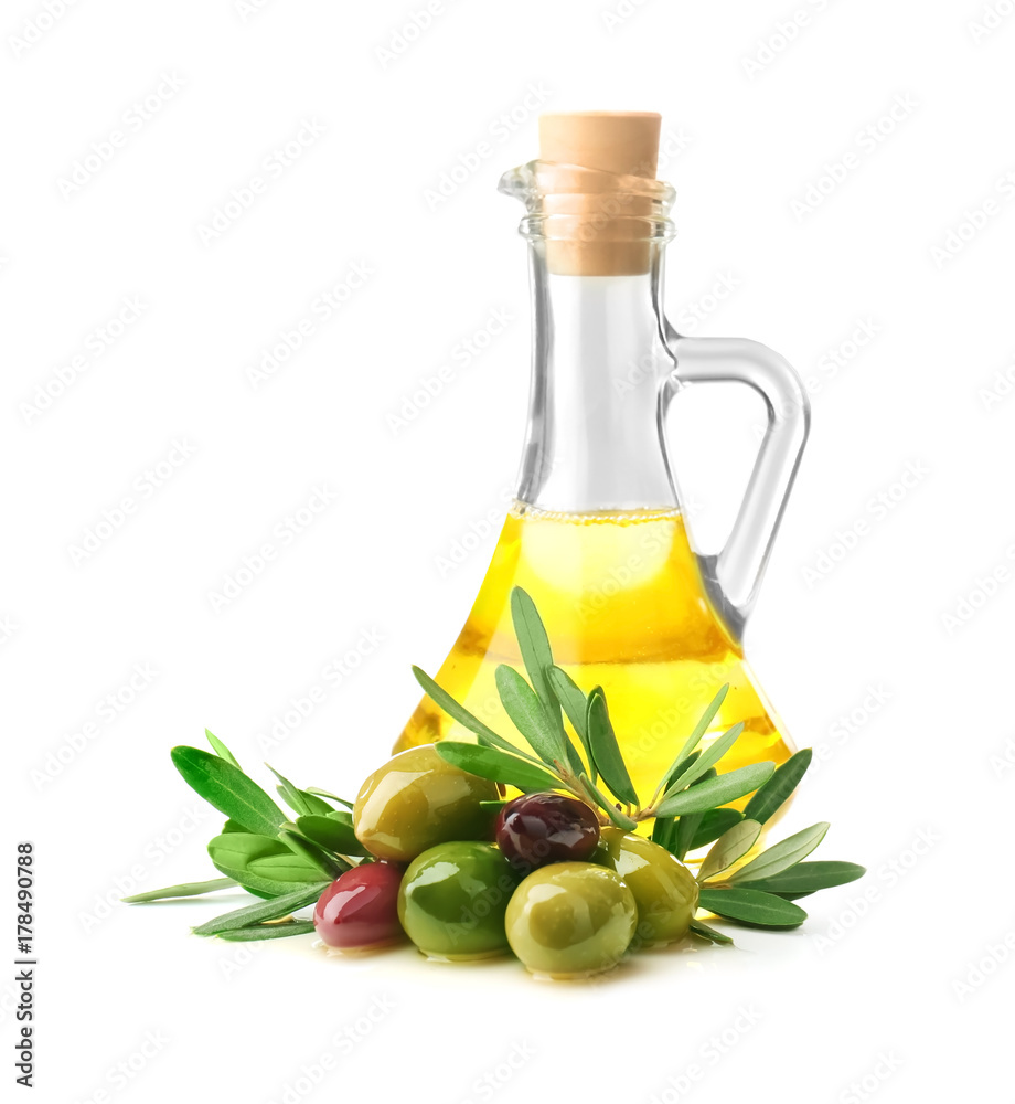 Composition with olives and oil on white background Composition with olives and oil on white background