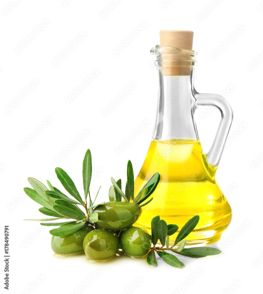 Composition with olives and oil on white background Composition with olives and oil on white background