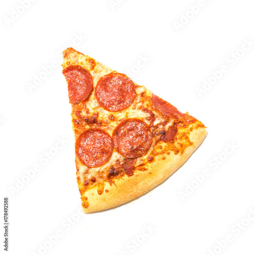 Studio shot a slice cut of classic large round pizza with Pepperoni isolated on white background. Hot and ready pizza with clipping path and copy space.